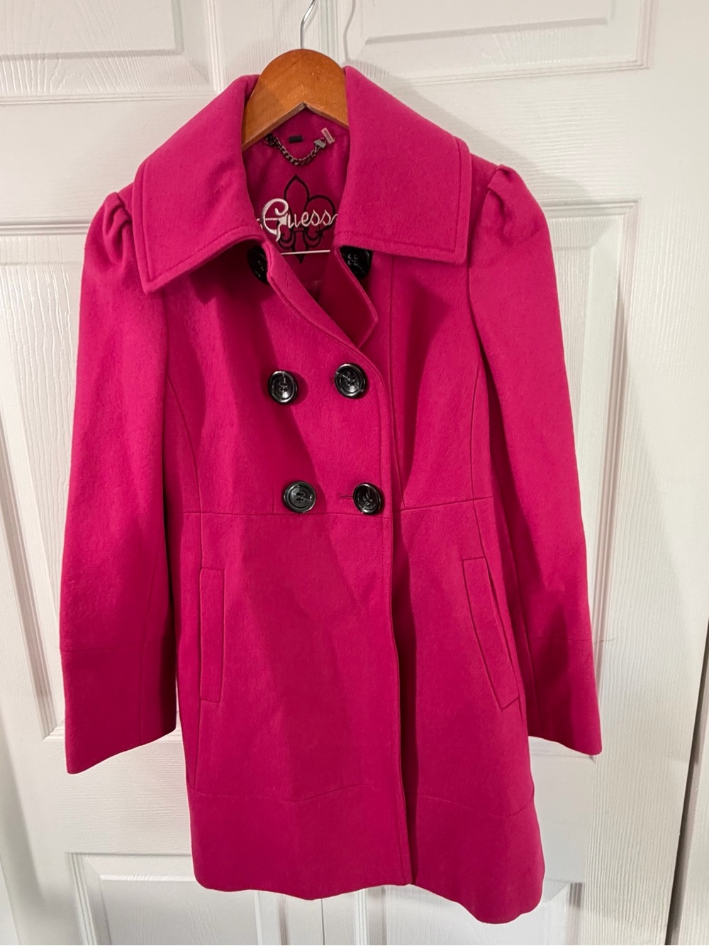 GUESS Fuchsia Wool Blend Double Breasted Peacoat Womens M Jacket Pink Coat